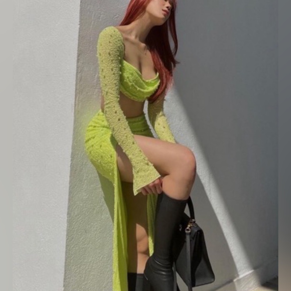 Oh polly lime green embellished crop top skirt set